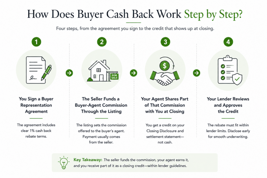 Four steps showing how buyer cash back works in Virginia from agreement to closing credit.