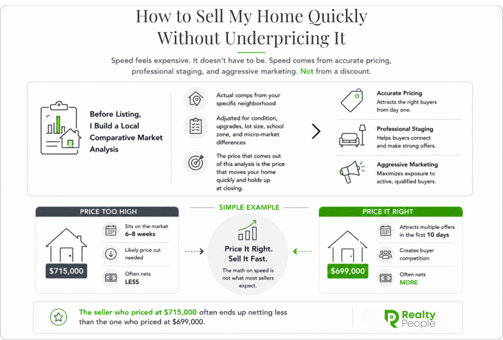 Northern Virginia home selling infographic showing how accurate pricing, comparative market analysis, staging, and aggressive marketing help homes sell faster without reducing value.