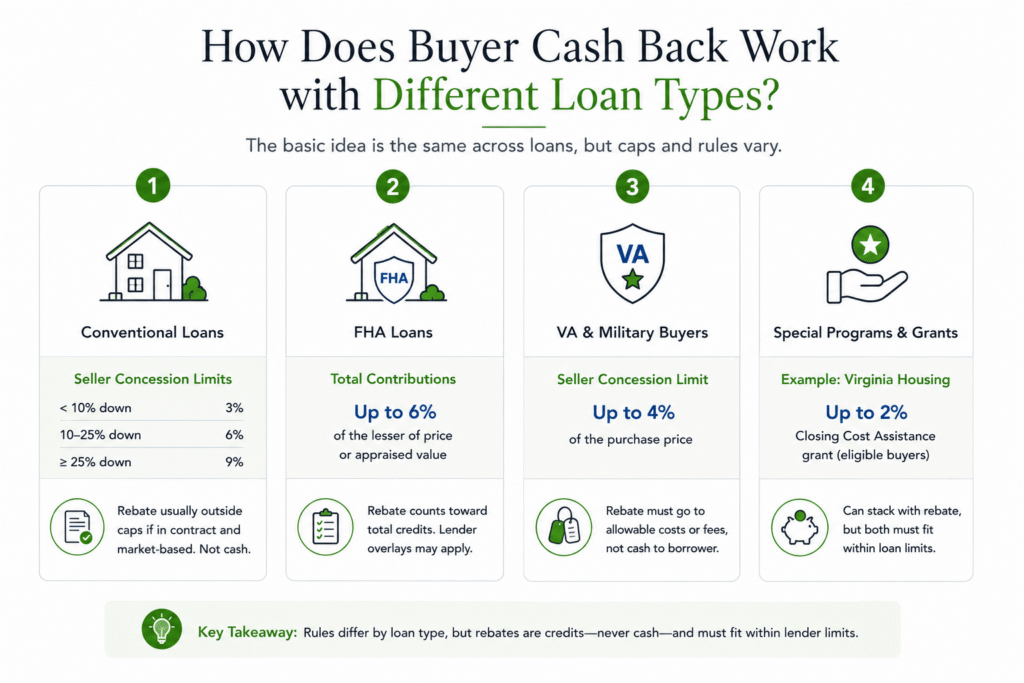 Seller concession and rebate caps by loan type: conventional, FHA, and VA.