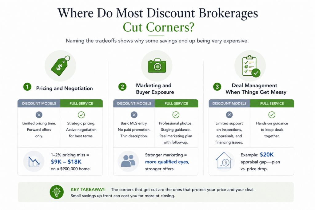 Where discount real estate models reduce service: pricing, marketing, and deal management.